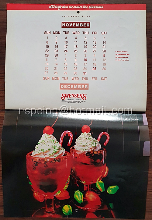 ปฏิทิน สเวนเซ่นส์ 1992 Swensen's Ice Cream Lovers Calendar
