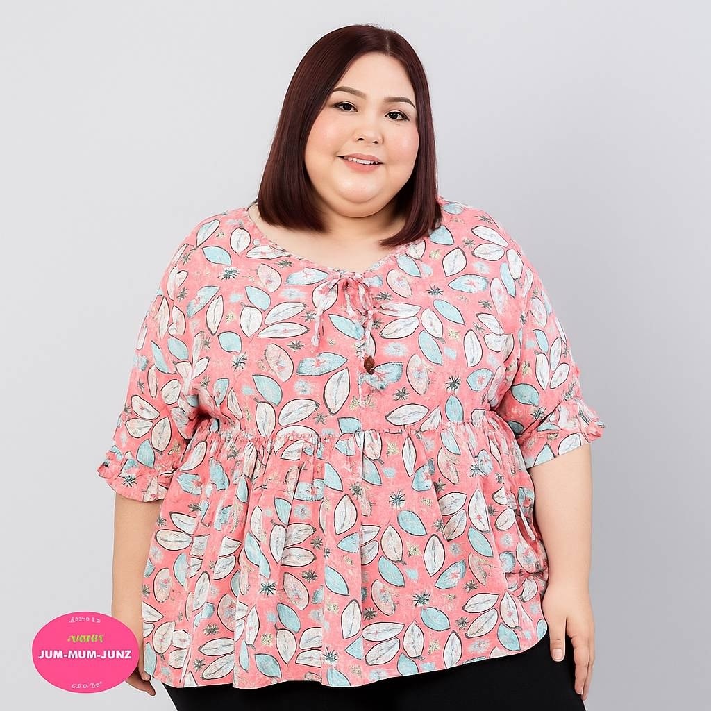 *อก56-60นิ้ว*เสื้อคนอ้วนผ้าสปันเนื้อดีสีชมพูลายใบไม้คอผูกโบว์แขนแต่งระบาย สวยหวานน่ารักมากๆค่ะ