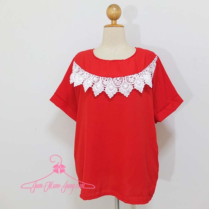 *อก50นิ้ว*เสื้อผ้าคนอ้วนผ้าชีฟองสีแดงแต่งลูกไม้สีขาวที่หน้าอก สวยน่ารักมากๆค่ะ