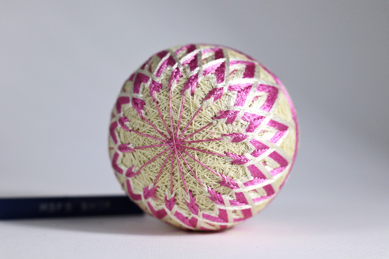 [Vintage] ลูกบอลเชือก Temari แบบที่ 4 - สีชมพู - ขาว