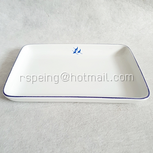 จานเปลสี่เหลี่ยมตื้น Noritake ขอบและลายนกกระเรียนสีน้ำเงิน สายการบินญี่ปุ่น (JAL)