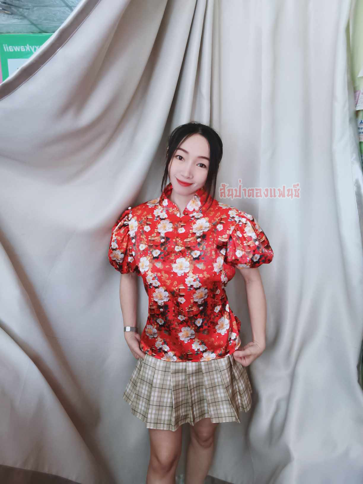เสื้อแฟชั่นตรุษจีนผู้หญิง แฟชั่นสาวหมวย เสื้อคอจีนแขนบอลลูน