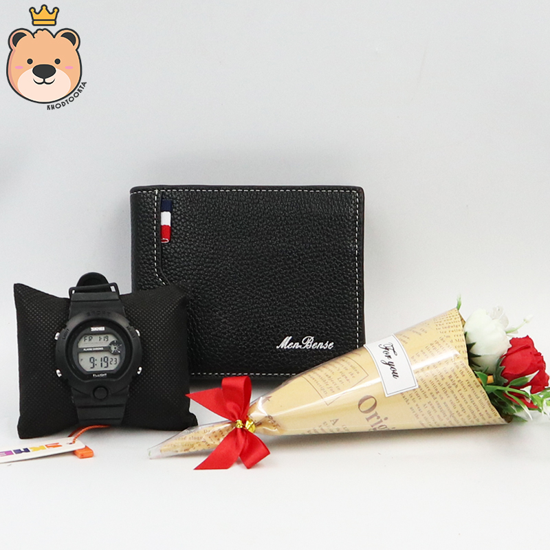 เซ็ตเซอร์ไพรส์แฟนหนุ่ม (กระเป๋าสตางค์ + ช่อดอกไม้ + นาฬิกา) พร้อม เม็ดโฟมสีเทา กล่องของขวัญ เปิดฝาสีเงินสุดหรู (ส่งด่วน)