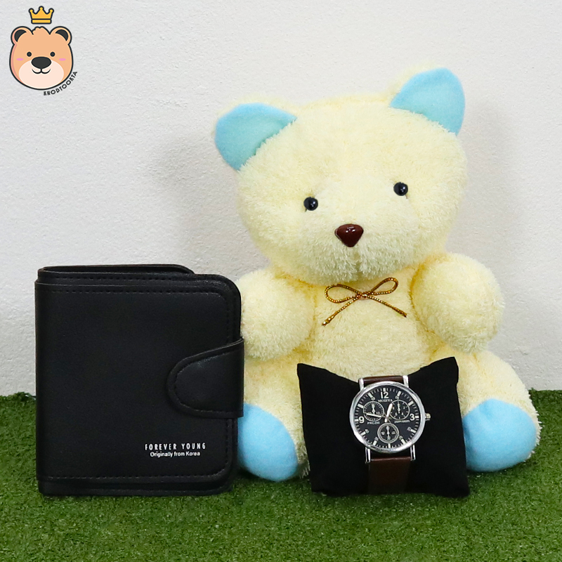 ของขวัญให้แฟนสาว ของขวัญผู้หญิง เม็ดโฟมเต็มกล่อง (กระเป๋าตังสีดำ+นาฬิกา+ตุ๊กตาหมีนั่งสีขาว) ของขวัญเซอร์ไพรส์ กล่องของขวัญเปิดฝา