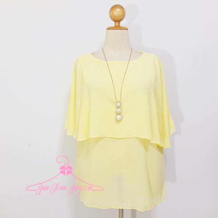 *อก50นิ้ว*เสื้อคนอ้วนผ้าชีฟองสีเหลืองแต่งระบายคลุมแขน มีซับใน สวยเรียบหรูดูดีมากๆค่ะ