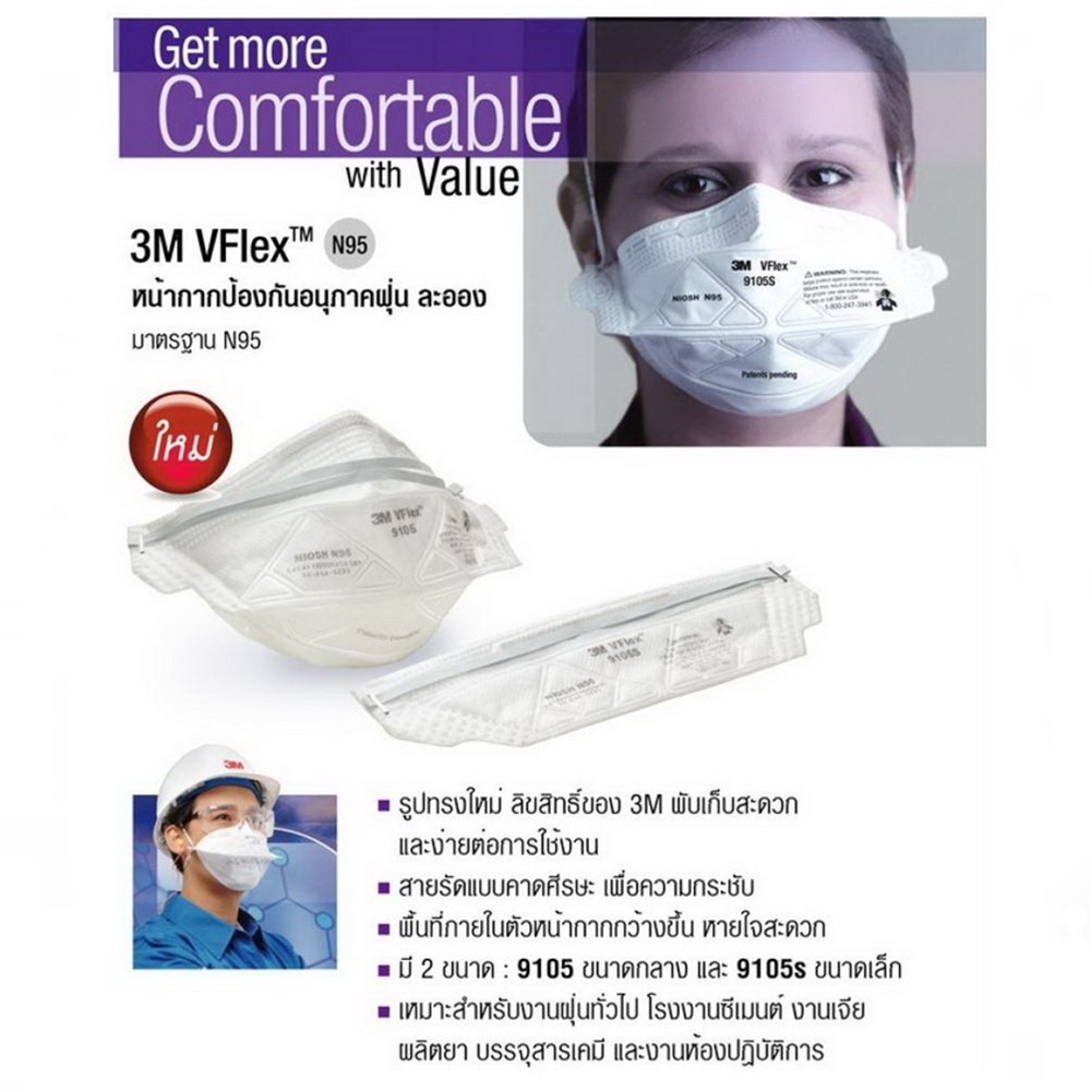 3M 9105 Vflex™ N95 Particulate Respirator หน้ากากป้องกันฝุ่นละอองมาตรฐาน N95 (50ชิ้น/1กล่อง)
