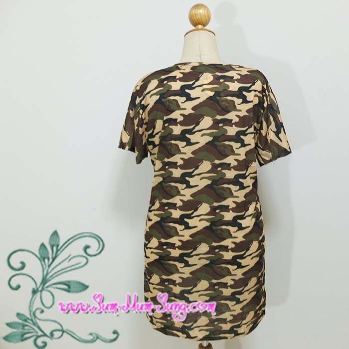 *อก48นิ้ว*ชุดเดรสคนอ้วนผ้ายืดลายทหารโทนสีน้ำตาลปักลายผีเสื้อสีขาวแต่งมุก ผ่าชายด้านข้างทั้ง2ข้าง สวยน่ารักมากๆค่ะ