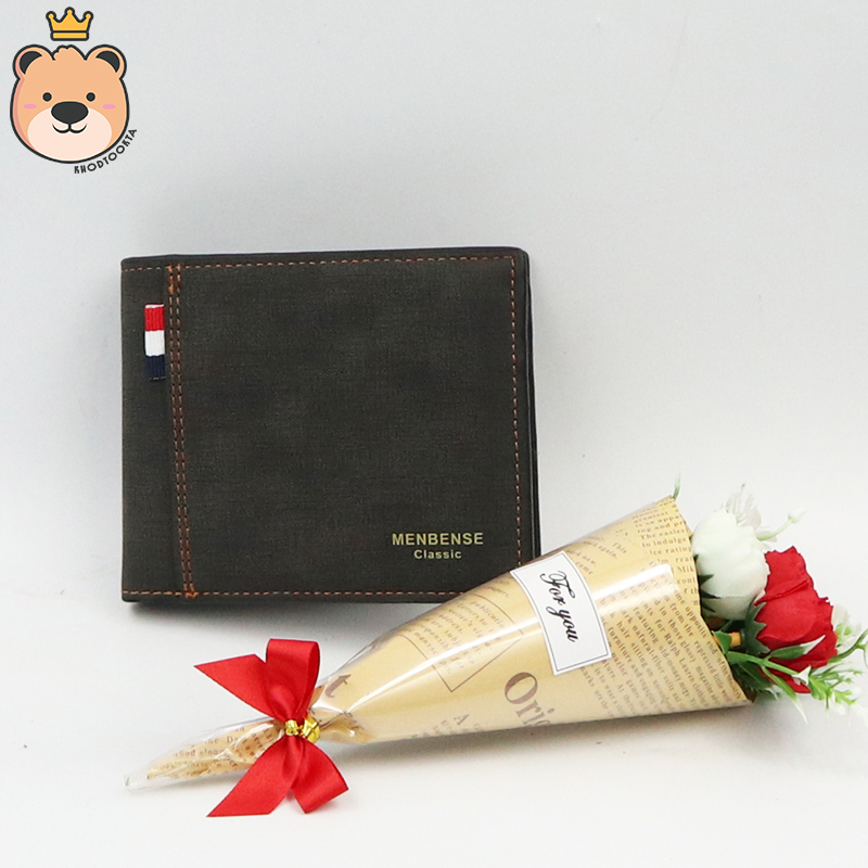 เซ็ตเซอร์ไพรส์แฟนหนุ่ม กระเป๋าสตางค์ + ช่อดอกไม้ พร้อม เม็ดโฟมสีเทา กล่องของขวัญ เปิดฝาสีเงินสุดหรู (ส่งด่วน)