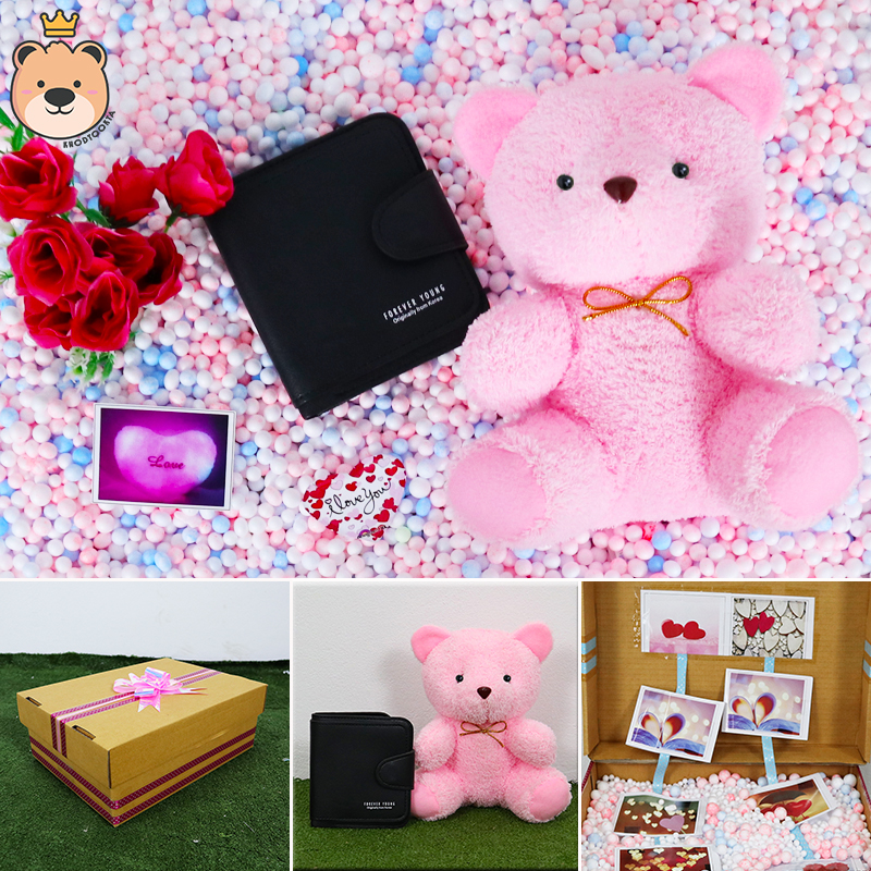 ของขวัญให้แฟนสาว ของขวัญผู้หญิง เม็ดโฟมเต็มกล่อง (กระเป๋าดำสั้น+ตุ๊กตาหมีนั่งสีชมพู) ของขวัญเซอร์ไพรส์