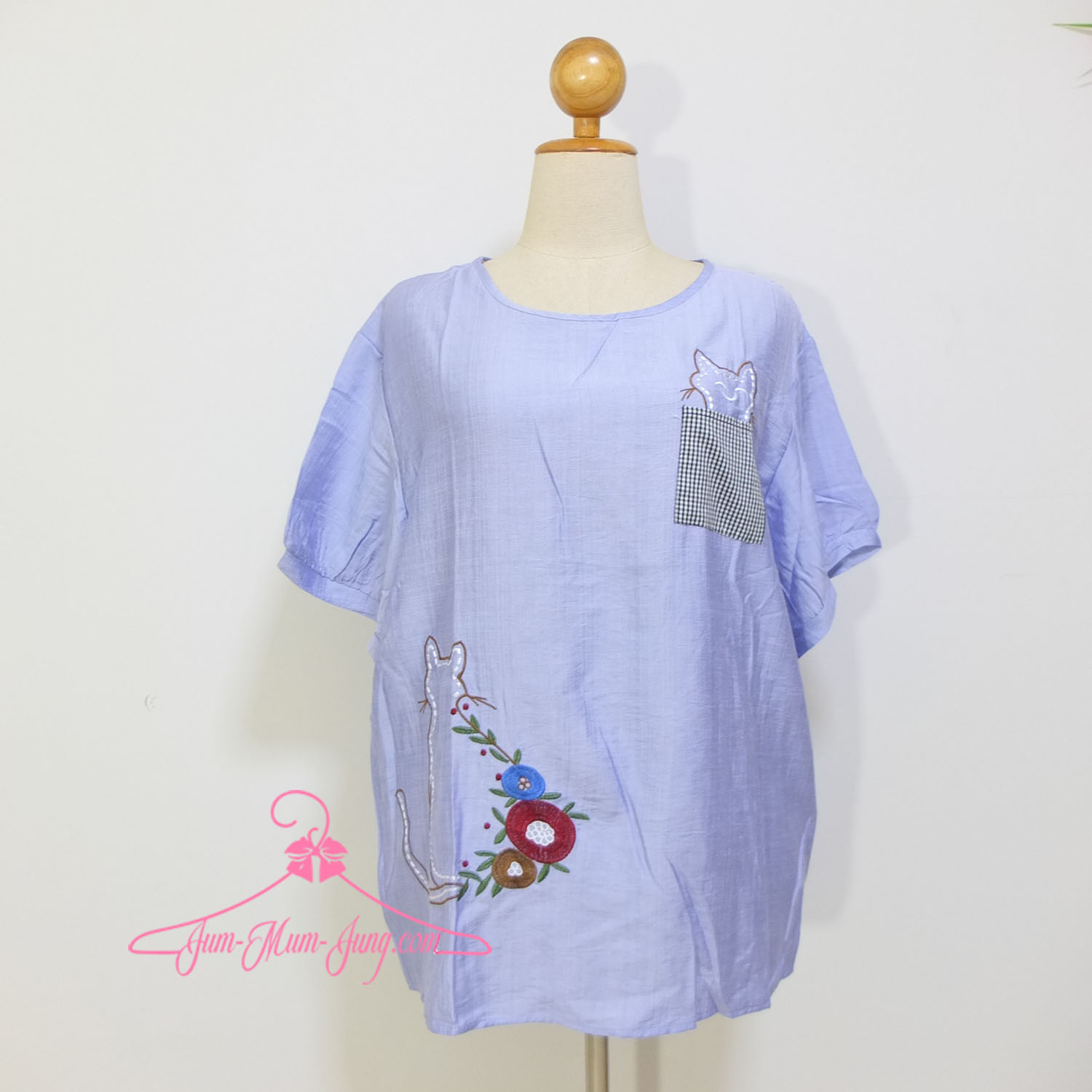 *อก50-52นิ้ว*เสื้อคนอ้วนผ้าลินินสลาฟสีม่วงปักลายแมวกับดอกไม้ มีกระเป๋า สวยเก๋น่ารักมากๆค่ะ