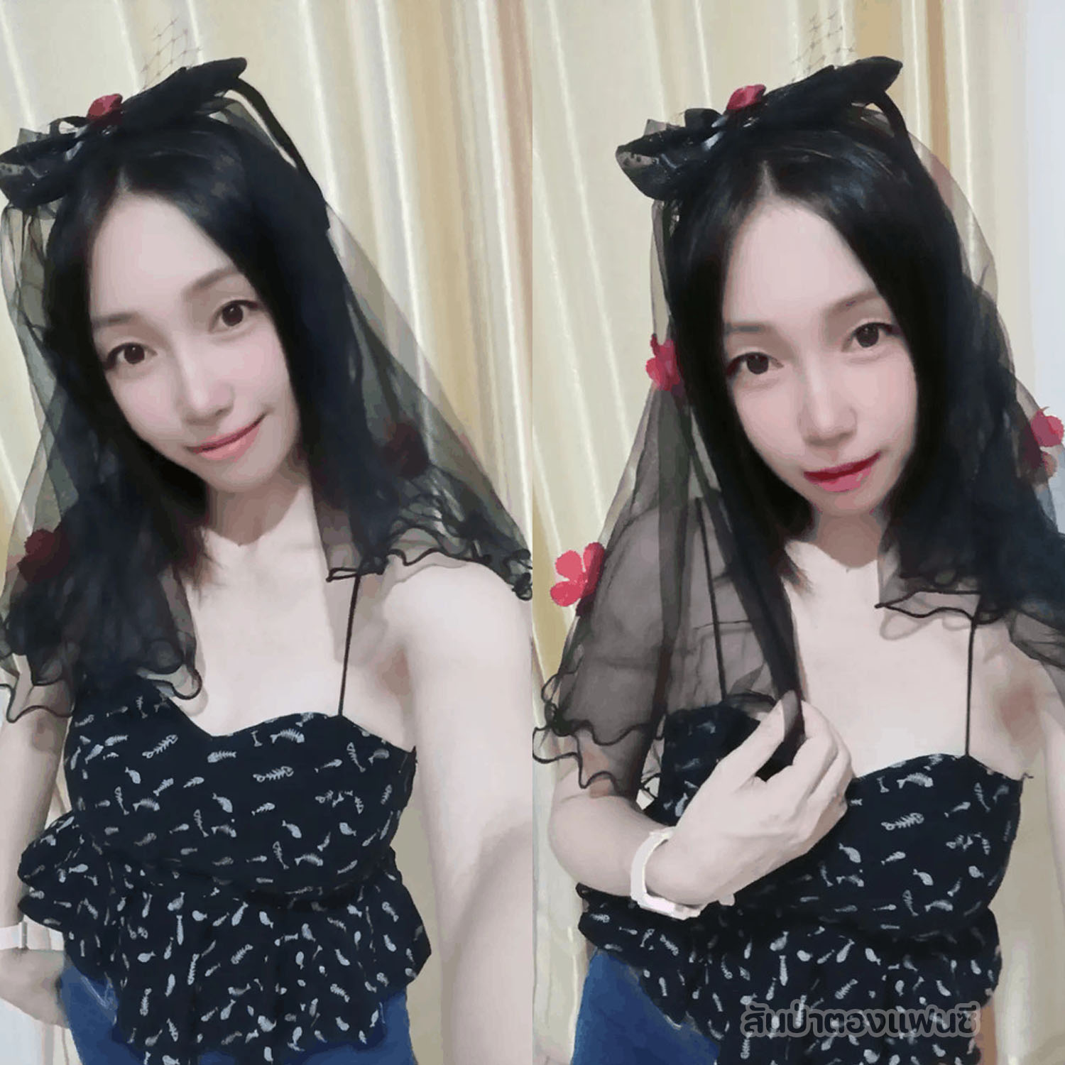 ผ้าคลุมหน้าเจ้าสาวฮาโลวีนแบบมีไฟ กิ๊บประดับผมฮาโลวีน ผ้าคลุมหน้าเจ้าสาวสีดำ