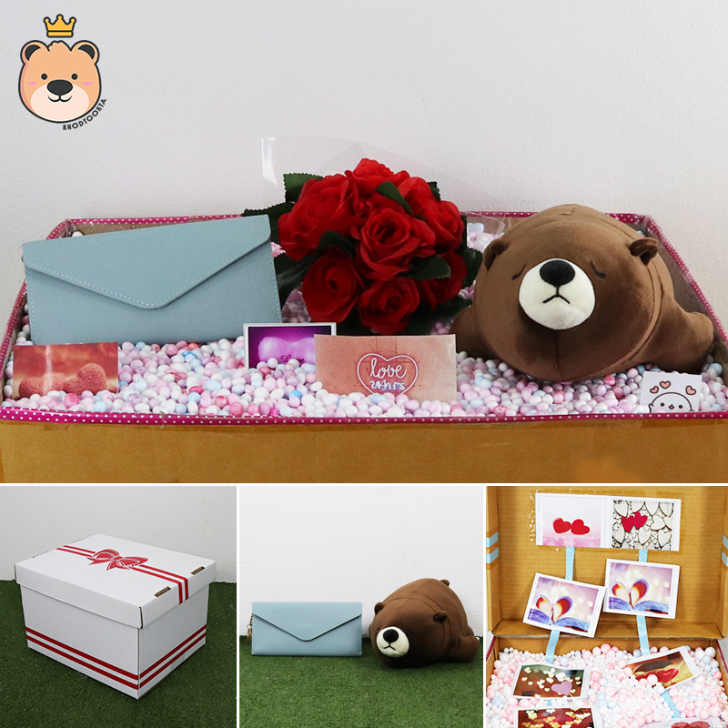 เซ็ตเซอร์ไพรส์ เม็ดโฟม {ของขวัญวาเลนไทน์,ของขวัญให้แฟน } ตุ๊กตา หมีนอน สีช็อค นุ่มนิ่ม Size 13 นิ้ว + เลือกแบบกระเป๋าได้ +ตกแต่ง+โฟม+ดอกไม้+กล่องของขวัญเปิดฝา