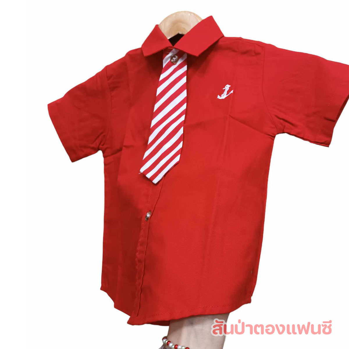 เสื้อเชิ้ตเด็กคริสต์มาส เสื้อเชิ้ตธีมขาวแดง เสื้อแขนสั้นสีแดงพร้อมเนคไท