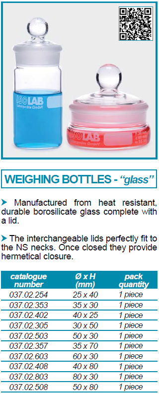 ขวดชั่งสาร WEIGHNG BOTTLES GLASS - D50mm x H30mm - ISOLAB