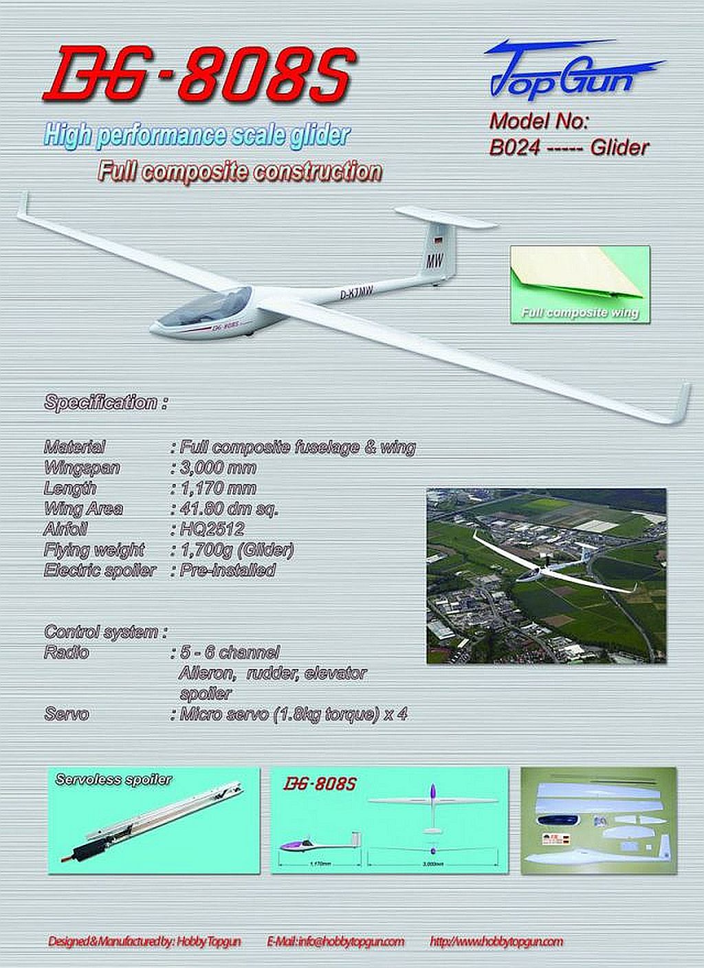 Top Gun DG808S Glider 3.0M. Kit Full Composite Fuselage Wing