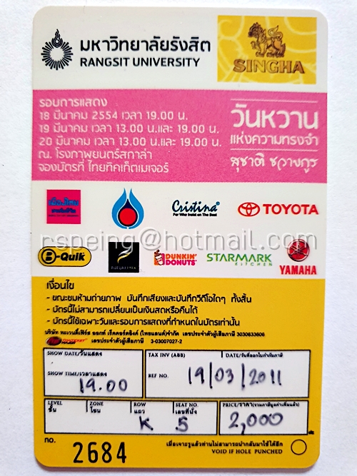 บัตรชมคอนเสิร์ต สุชาติ ชวางกูร วันหวานแห่งความทรงจำ