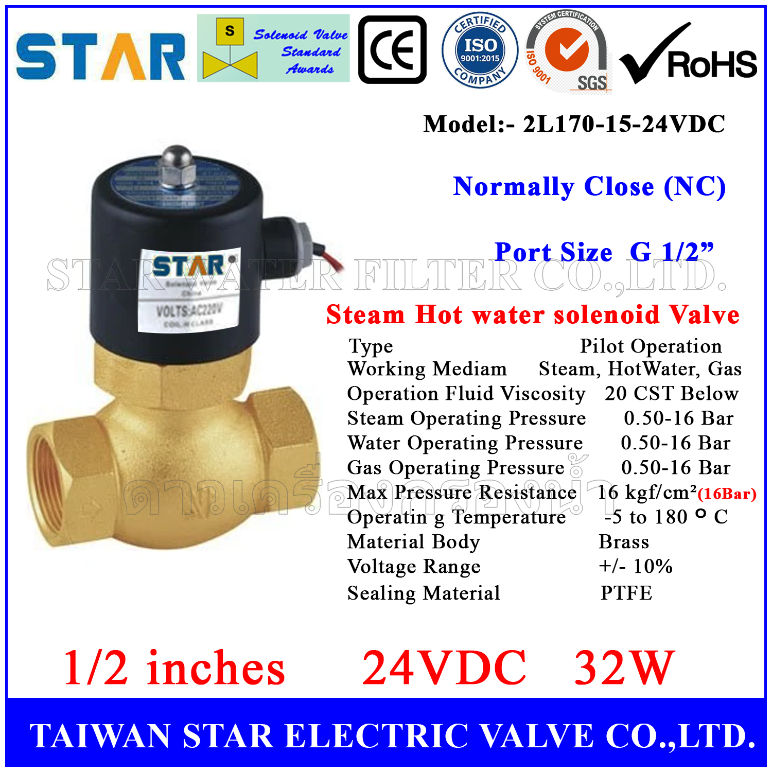 Solenoid Valve ใช้กับน้ำร้อน, ไอน้ำ ทองเหลือง 1/2" NC 24VDC