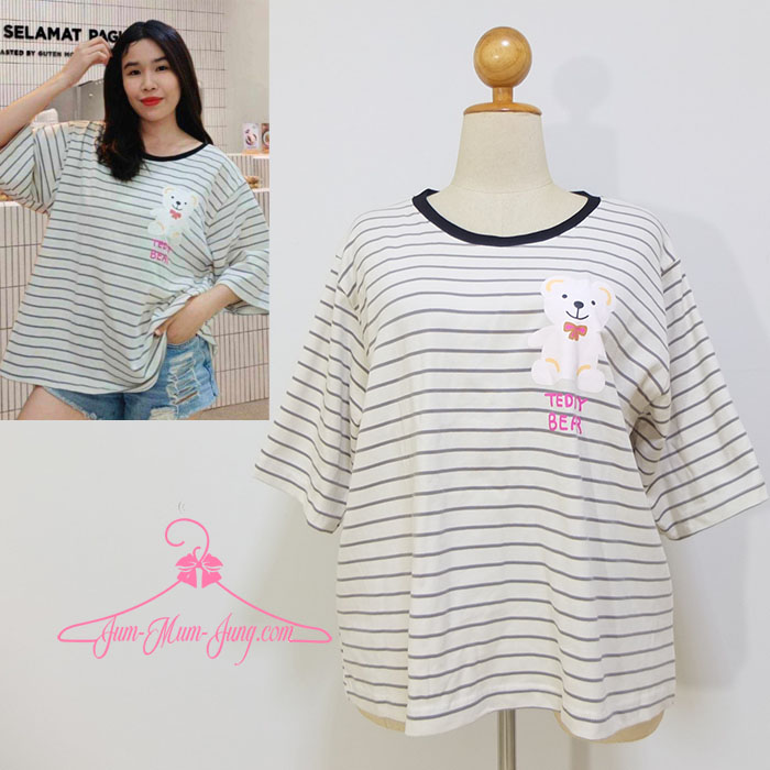 *อก54-56นิ้ว*เสื้อยืดคนอ้วนผ้าcottonสีขาวลายริ้วสกรีนลายหมีที่หน้าอก สวยน่ารักมากๆค่ะ