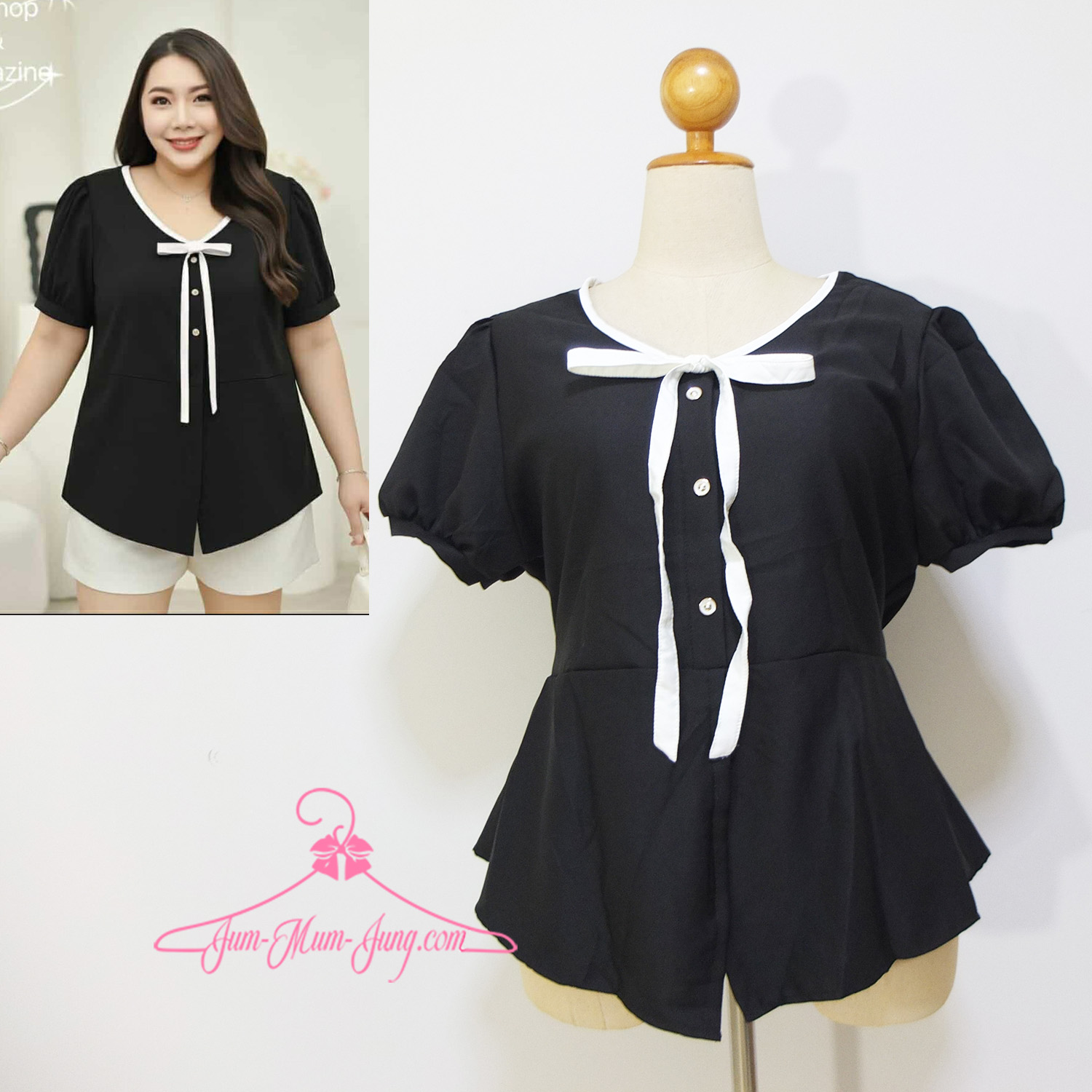 *อก46-50นิ้ว*เสื้อคนอ้วนผ้าบาร์บี้สีดำขลิบสีขาวแต่งโบว์ สาปหลอกติดกระดุม2เม็ด ด้านหลังสม๊อกยางยืด1เส้นช่วงเอว สวยเก๋น่ารักมากๆค่ะ