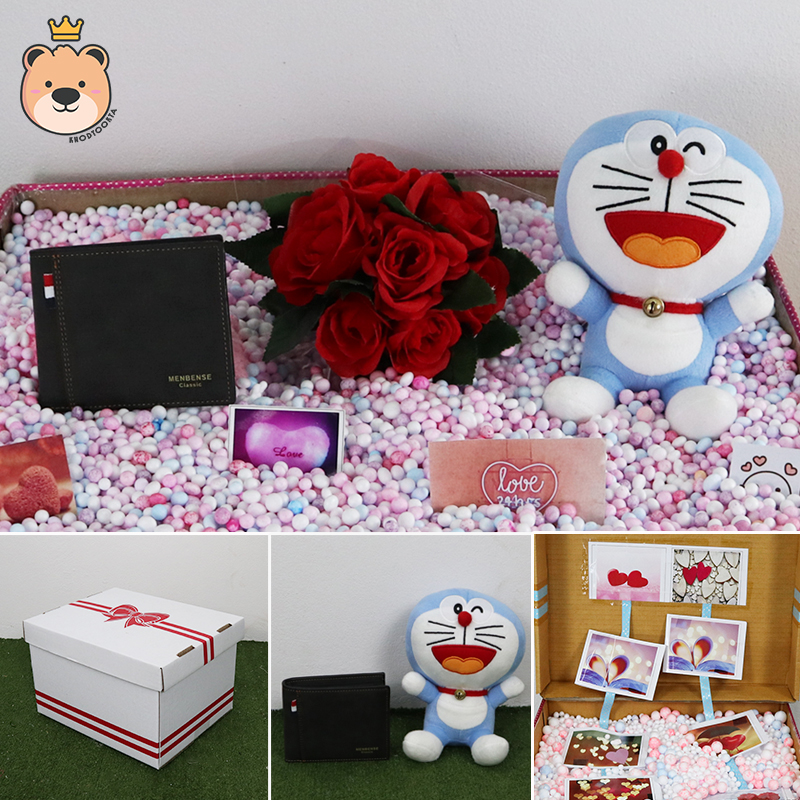 เซ็ตเซอร์ไพรส์ เม็ดโฟม {ของขวัญวาเลนไทน์,ของขวัญให้แฟน } ตุ๊กตาโดเรม่อน7 นิ้ว (อ้าปาก ) + กระเป๋าเลือกแบบได้ +ตกแต่ง+โฟม+ดอกไม้+กล่องของขวัญเปิดฝา