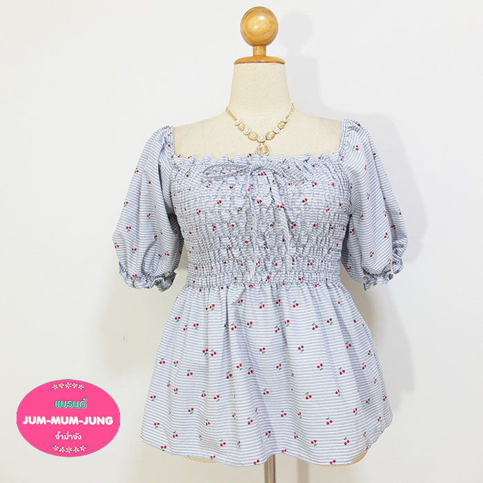*อก46-52นิ้ว*เสื้อคนอ้วนผ้าcottonไนล่อนสีดำลายริ้วกับเชอรี่ สม๊อกยางยืดรอบอกและแขนเสื้อ สวยเก๋น่ารักมากๆค่ะ