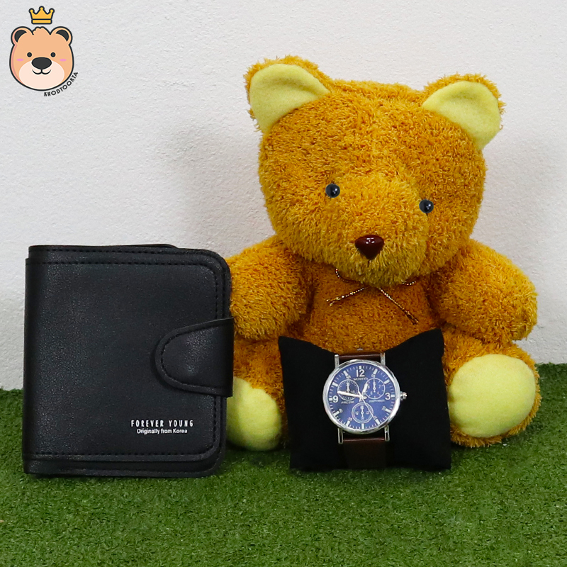 ของขวัญให้แฟนสาว ของขวัญผู้หญิง (กระเป๋าตังสีดำ+นาฬิกา+ตุ๊กตาหมีนั่งสีน้ำตาล) เม็ดโฟมเต็มกล่องของขวัญเซอร์ไพรส์ กล่องเปิดฝา