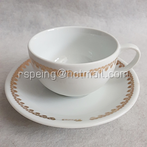 ชุดแก้วชากาแฟ และจานรองแก้ว Noritake ลายแถบทองโลโก้การบินไทย