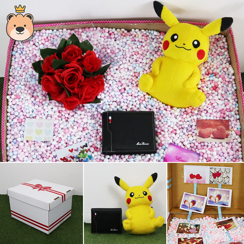 เซ็ตเซอร์ไพรส์ เม็ดโฟม {ของขวัญวาเลนไทน์,ของขวัญให้แฟน } ตุ๊กตา ปิกาจู 7 นิ้ว +เลือกแบบกระเป๋าได้ +ตกแต่ง+โฟม+ดอกไม้+กล่องของขวัญเปิดฝา