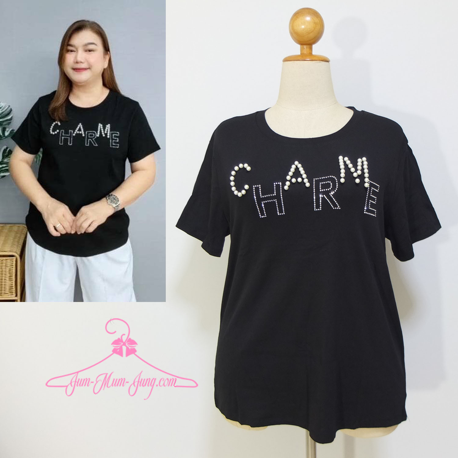 *อก48-50นิ้ว*เสื้อคนอ้วนผ้ายืดยูนิโคล่สีดำตอกมุกกับเพชรที่หน้าอก เนื้อผ้ายืดได้เยอะ สวยวิบวับน่ารักมากๆค่ะ