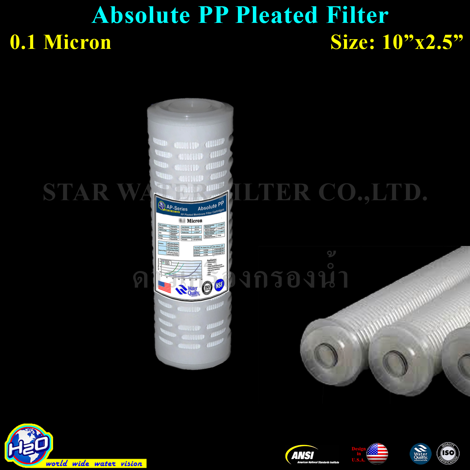ไส้กรองน้ำ Absolute PP Pleated 10 นิ้ว x 2.5 นิ้ว 0.1 Micron (Sediment) H2O 1 pcs.