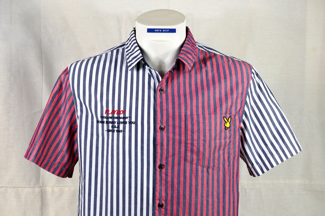 เสื้อเชิ้ตแขนสั้น Playboy ไซส์ XL พิมพ์ลายทางสีแดง-น้ำเงิน