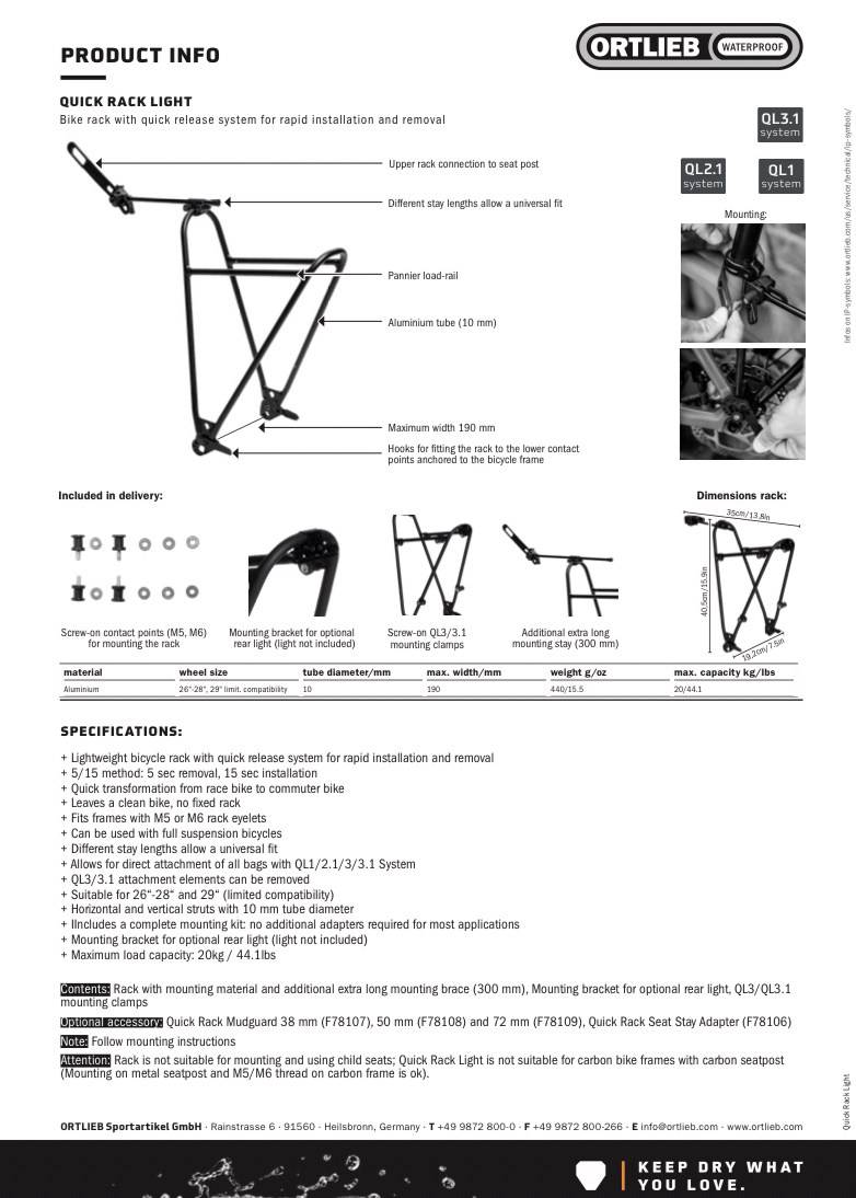 Ortlieb Quick Rack Light ตะแกรงปลดเร็ว รุ่นเบา