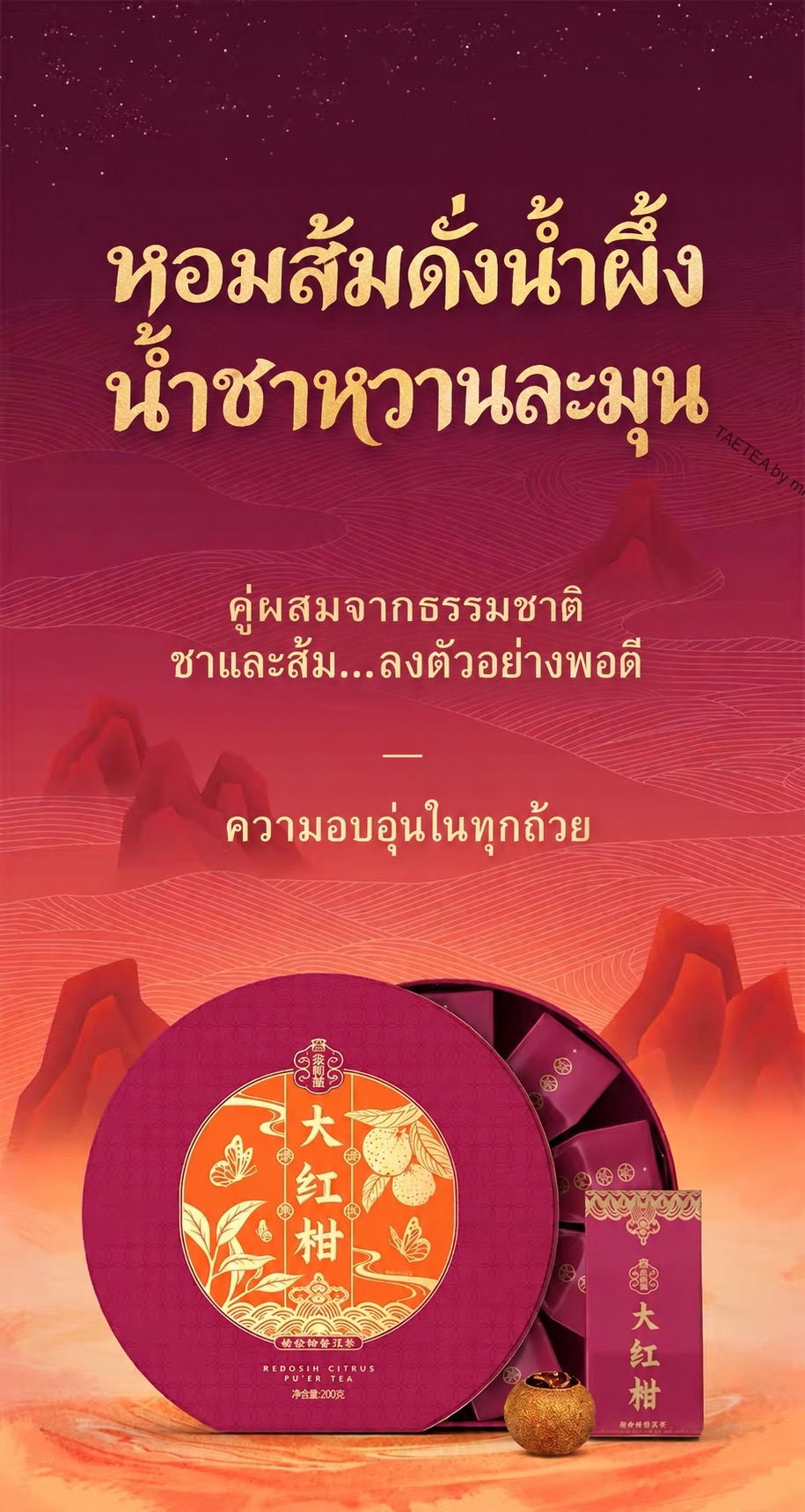 ชาผู่เอ๋อร์สุกในผลส้ม ต้าอี้ รุ่น ต้าอี้ ต้าหงกาน น้ำหนัก 200 กรัม TAETEA 大益大红柑
