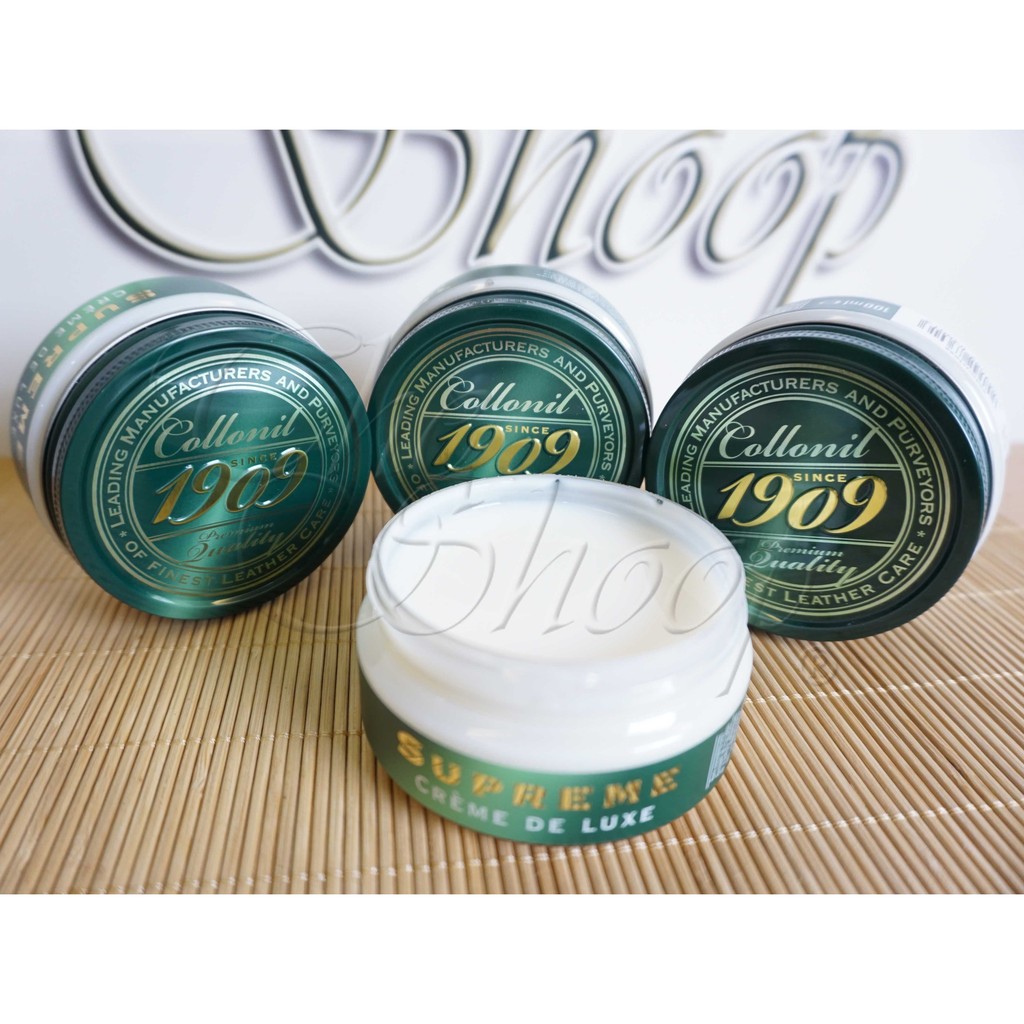 Collonil 1909 Supreme Cream Deluxe 100 ml. ครีมบำรุงและเคลือบเงาหนัง ช่วยเพิ่มความเงางาม เพื่อไม่ให้หนังสีซีดจาง ใช้ได้กับ หนังลูกวัว หนังแกะ หนังแพะ หนังคาเวียร์ มี 2 สี สีธรรมชาติ (ใช้ได้กับหนังทุกสี) / สีดำ แถมฟรี ผ้าสำลีเช็ดกระเป๋า 1 ผืน