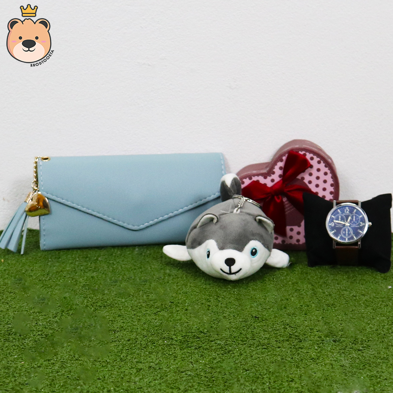 ของขวัญให้แฟน ของขวัญผู้หญิง เม็ดโฟมเต็มกล่อง นาฬิกา+กระเป๋าตัง+พวงกุญแจหมาไซบีเรียน ได้ของตามแบบที่ลูกค้าเลือก