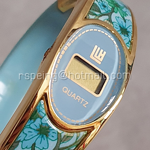 กำไลนาฬิกา ลายดอกไม้สีฟ้า-เขียว ขอบสีทอง