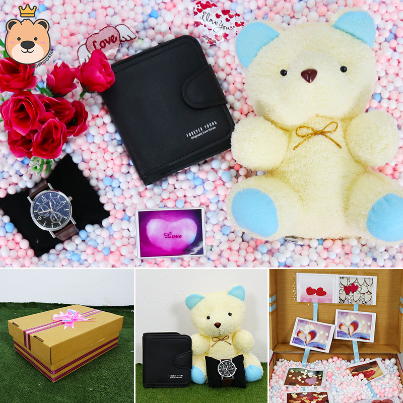 ของขวัญให้แฟนสาว ของขวัญผู้หญิง เม็ดโฟมเต็มกล่อง (กระเป๋าตังสีดำ+นาฬิกา+ตุ๊กตาหมีนั่งสีขาว) ของขวัญเซอร์ไพรส์ กล่องของขวัญเปิดฝา