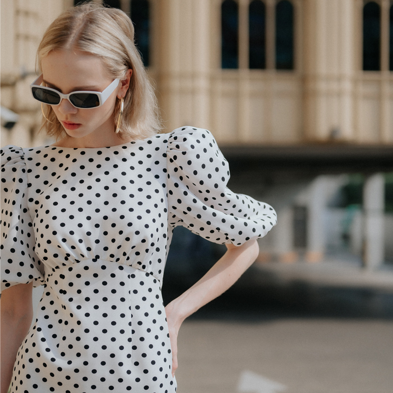 Lism D-065 Elegant Polka Dot Ruffle Midi Dress ชุดเดรสลายจุด