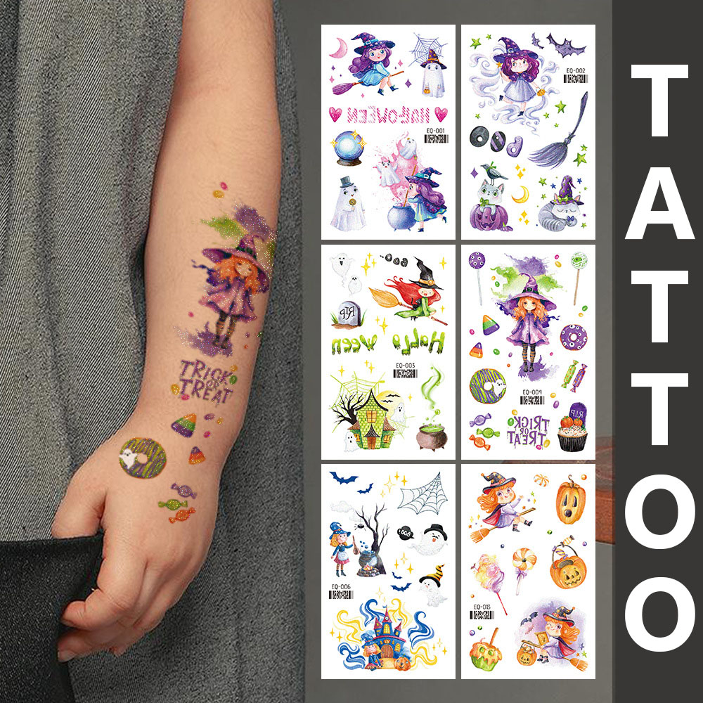 Tattoo Halloween แทททูกลิตเตอร์ลายฮาโลวีน สติ๊กทูลายแม่มด ผีน้อย ฟักทองฮาโลวีน