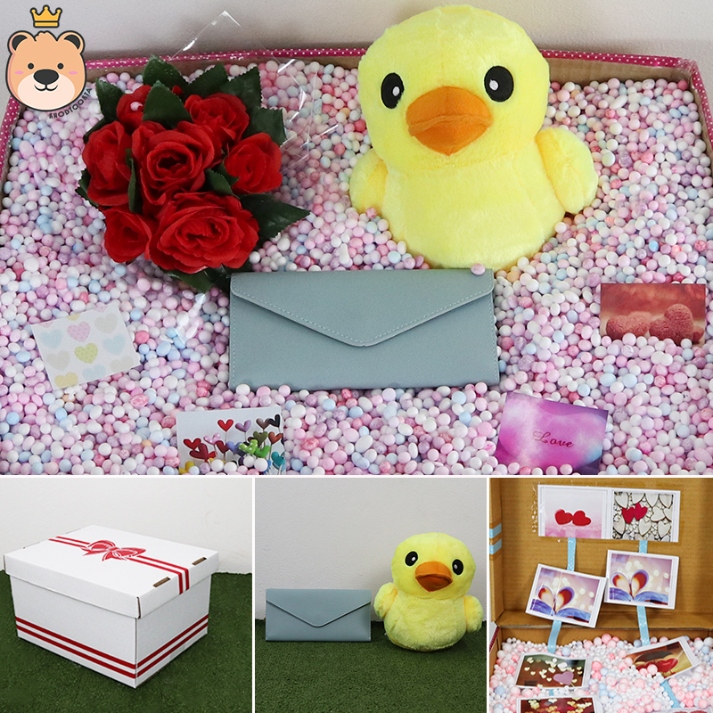 เซ็ตเซอร์ไพรส์ เม็ดโฟม {ของขวัญวาเลนไทน์,ของขวัญให้แฟน } ตุ๊กตาเป็ด 8นิ้ว + เลือกแบบกระเป๋าได้ +ตกแต่ง+โฟม+ดอกไม้+กล่องของขวัญเปิดฝา