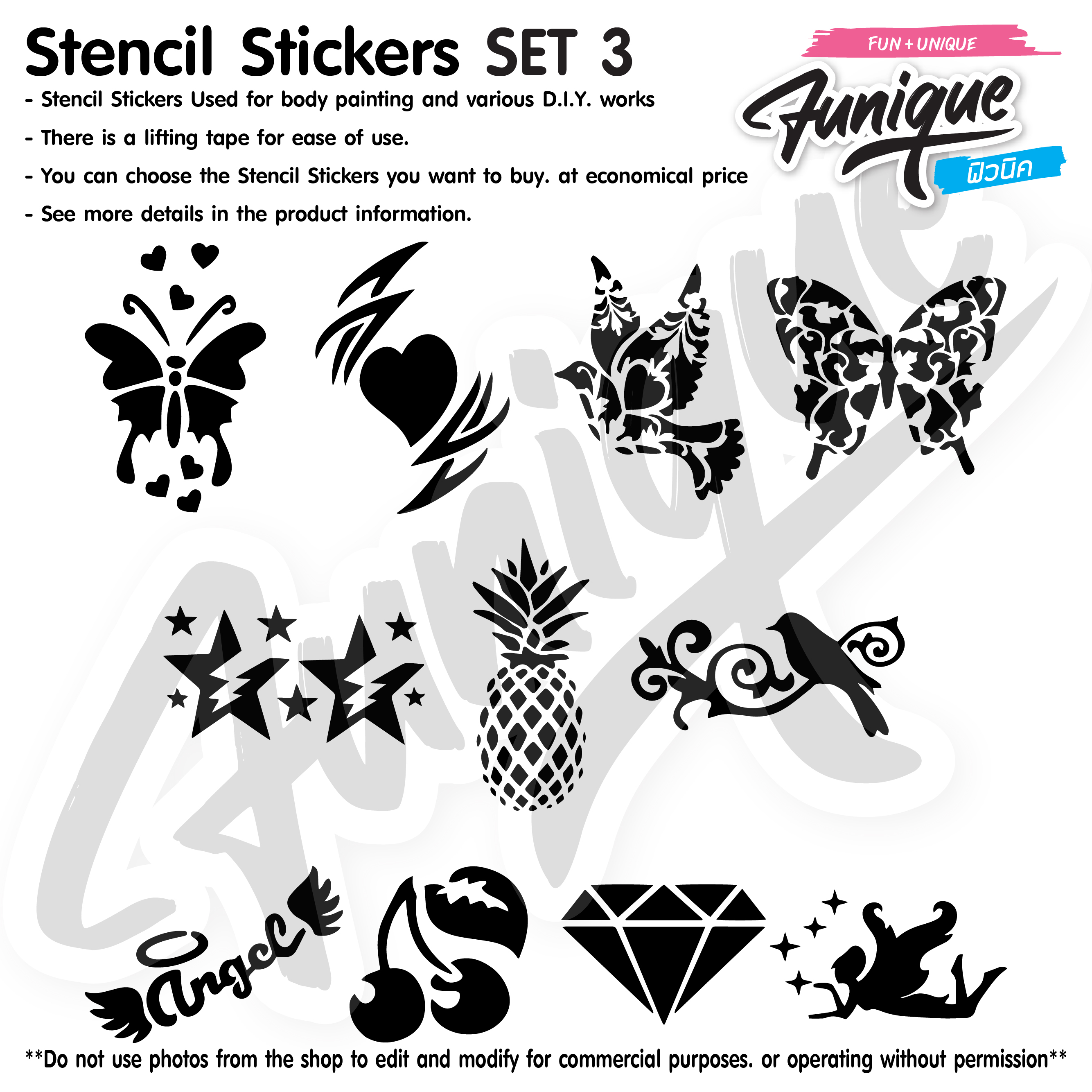 SET3 Stencil บล็อกสติกเกอร์ รอยสักกากเพชร เพ้นท์กากเพชร กลิตเตอร์ Funique สติ๊กเกอร์ แบบลาย DIY งานประดิษฐ์