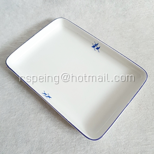 จานเปลสี่เหลี่ยมตื้น Noritake ขอบและลายนกกระเรียนสีน้ำเงิน สายการบินญี่ปุ่น (JAL)