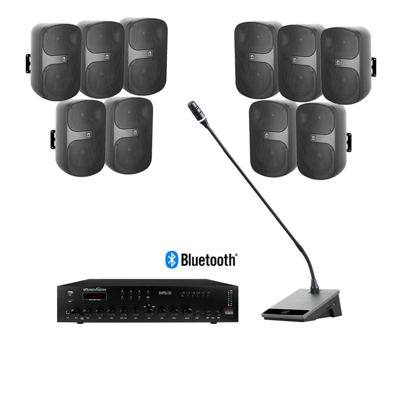 SOUNDVISION Public Address Systems 10 ชุดเครื่องเสียงประชาสัมพันธ์ มิกเซอร์ยึดแรกส์ 300 วัตต์ ไมค์พูดปราศรัย และลำโพงติดผนังขนาด 6.5 นิ้ว