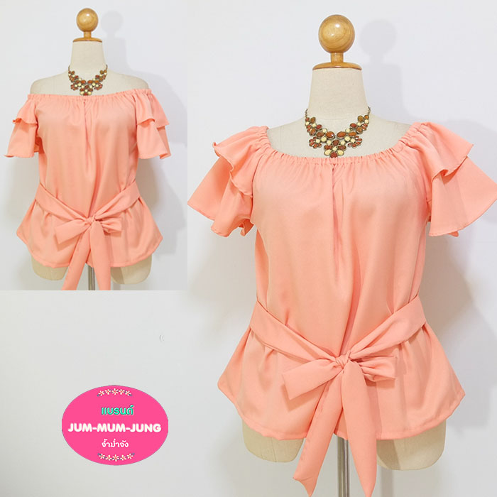 *อก46-50นิ้ว*เสื้อผ้าคนอ้วนเปิด/ไหล่ผ้าโฟเวย์สีโอรสแขนระบาย มีสายผูกโบว์เอว สวยหวานน่ารักมากๆค่ะ