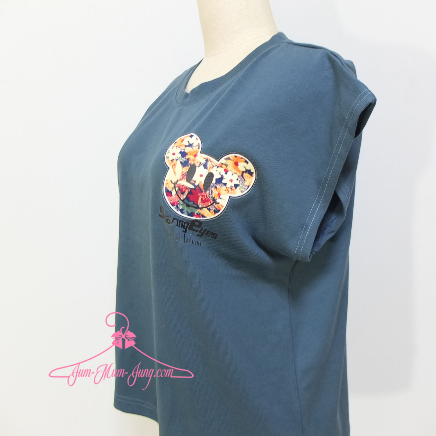 *อก50นิ้ว(ยืดได้อีก)*เสื้อคนอ้วนแขนล้ำผ้ายืดcottonสีฟ้าเทาสกรีนลายหมีหน้าดอกไม้ สวยน่ารักมากๆค่ะ