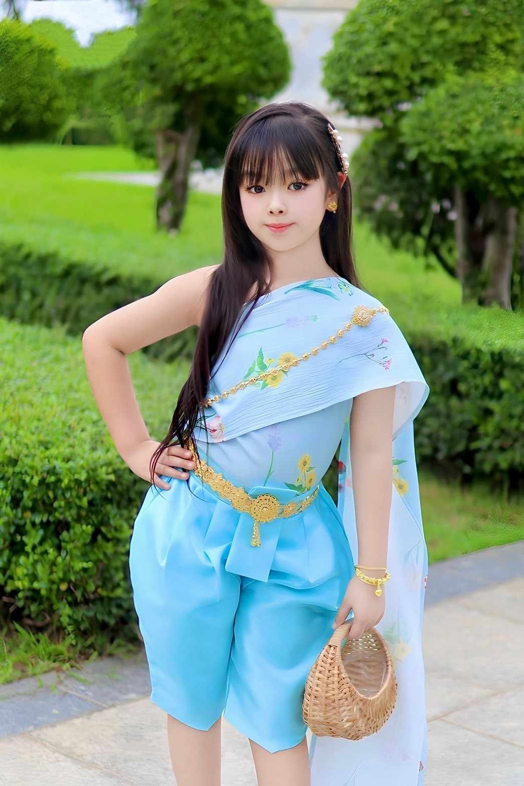 ชุดไทยเด็กผู้หญิง สไบผ้าพิมพ์ดอกไม้ ไม่รวมเครื่องประดับ