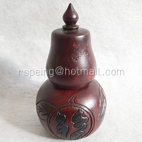 กระปุกน้ำเต้าใส่ไม้จิ้มฟัน ไม้ชิงชันแกะลายส้มและอักษรจีน งานทำมือเวียดนาม