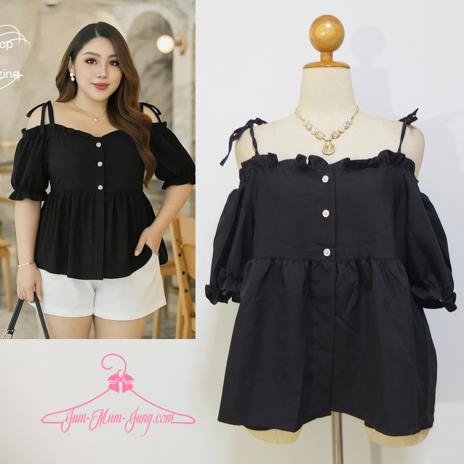 *อก50นิ้ว(ไม่รวมสร้อย)*เสื้อเปิดไหล่สายเดี่ยวคนอ้วนผ้าบาร์บี้สีดำแต่งระบายกับกระดุม3เม็ด แขนจั้มยางยืด สวยเก๋น่ารักมากๆค่ะ