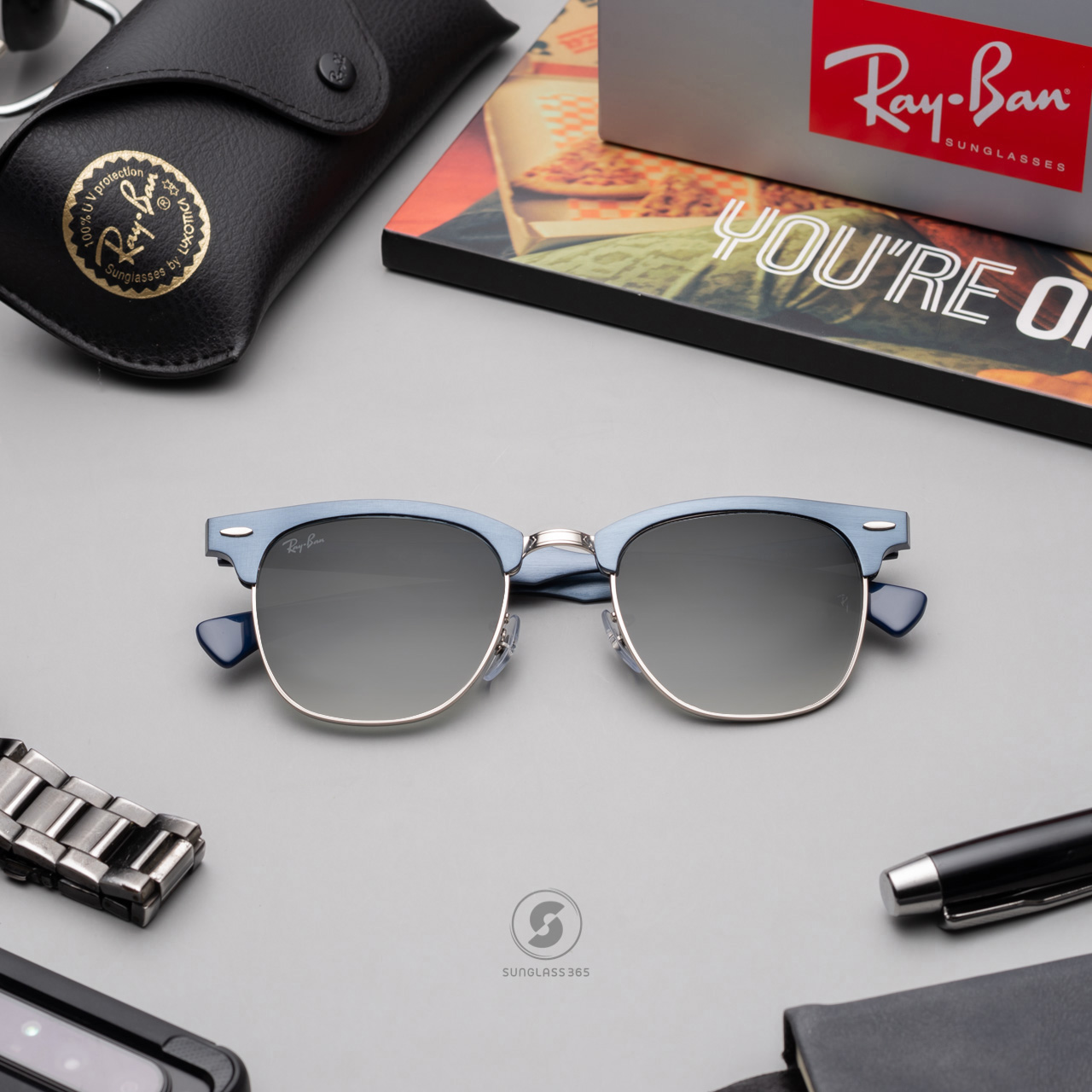 Ray-Ban RB3507 924871 Clubmaster Aluminum Blushed Blue on Silver