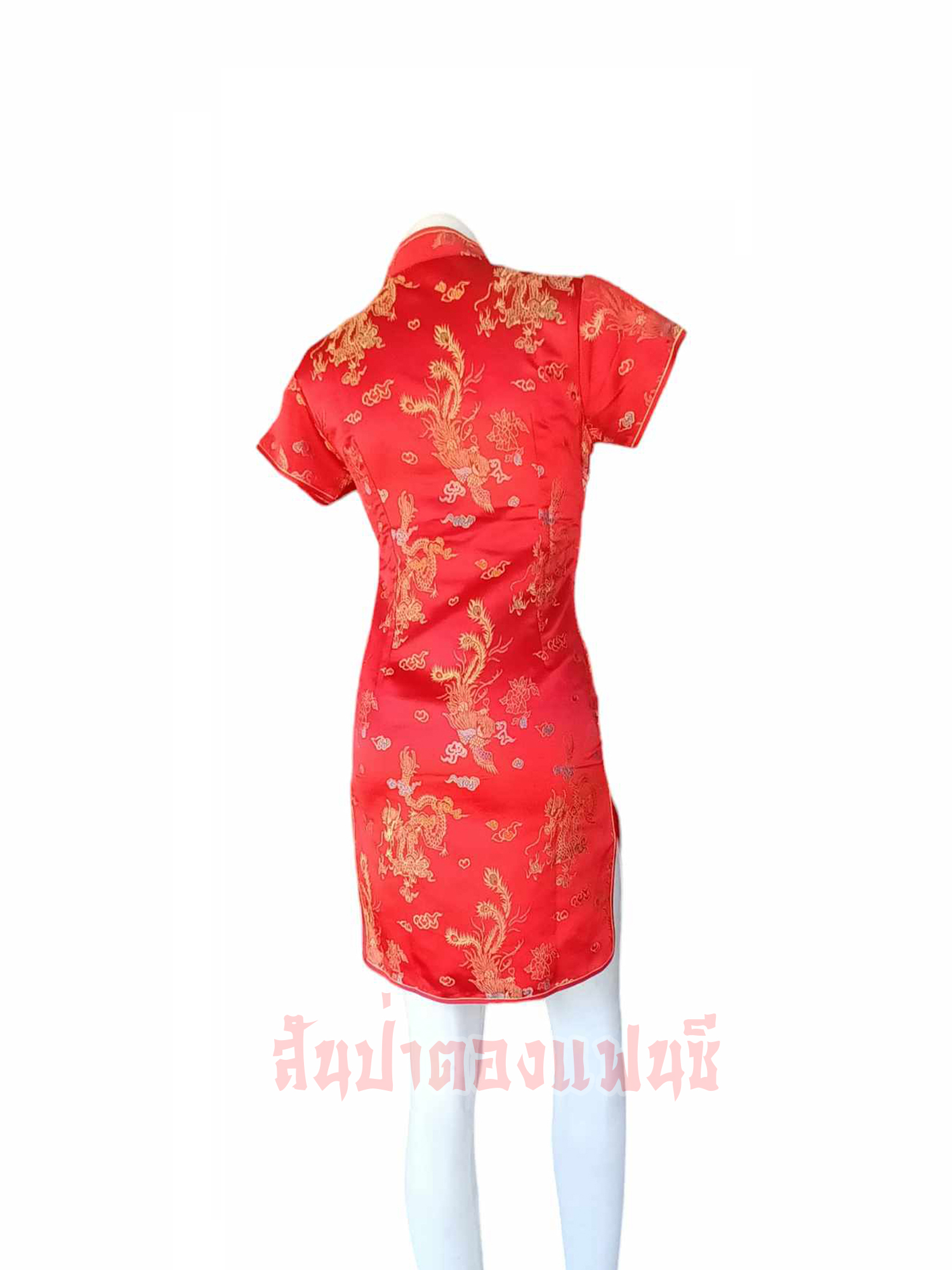 ชุดจีนกี่เพ้าสีแดง ชุดกี่เพ้าตรุษจีน แบบชายสั้น มีไซส์ S - 6XL